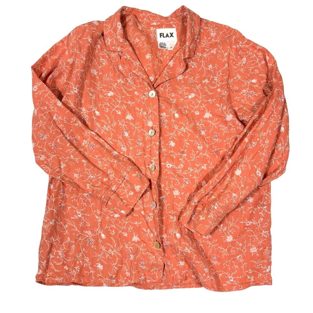 FLAX 100% Linen Floral Vintage Loungewear Shirt Size S Coral Pajama Shirt